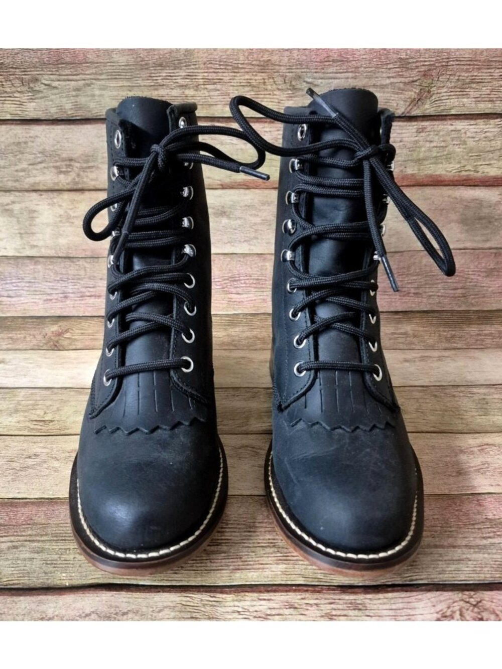 Justin McKean Matte Leather Lace Up Roper Boots Black Womens Size 6 6B Classic